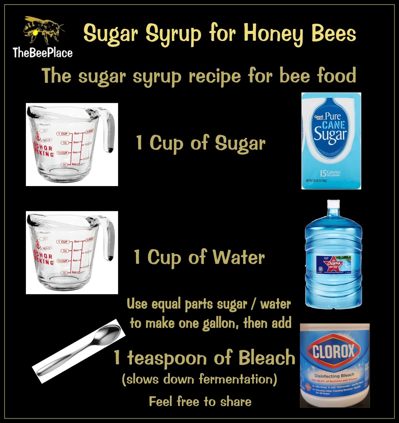 Sugar syrup recipe for feeding honey bees showing equal parts sugar and water with a small amount of bleach to slow fermentation